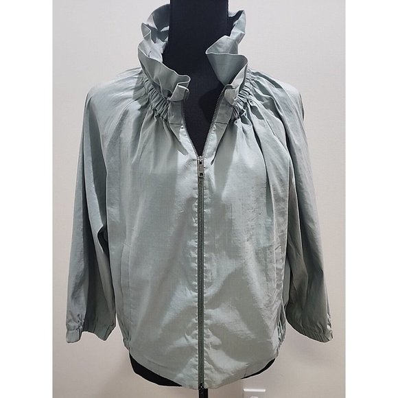 Dkny Jackets & Blazers - DKNY Womens Full Zip Jacket Size 10 3/4 Sleeve Green Ruffle Neck
